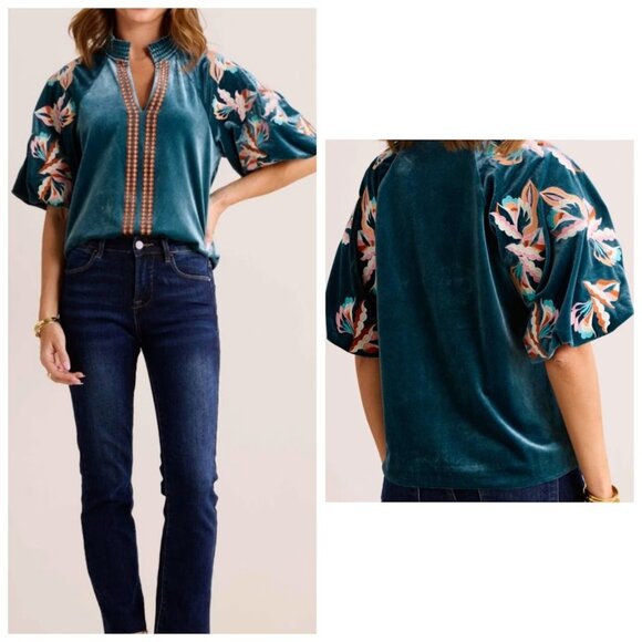 NWT THML Bridgette Top Velvet Embroidered Puff Sleeve XXXL - Picture 2 of 14